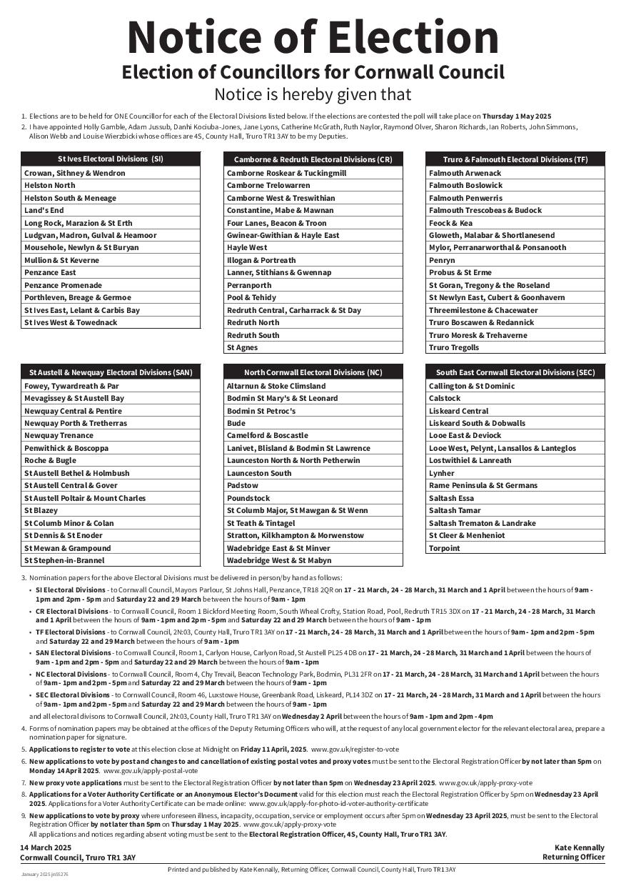Notice of Election of Councillors for Cornwall Council 