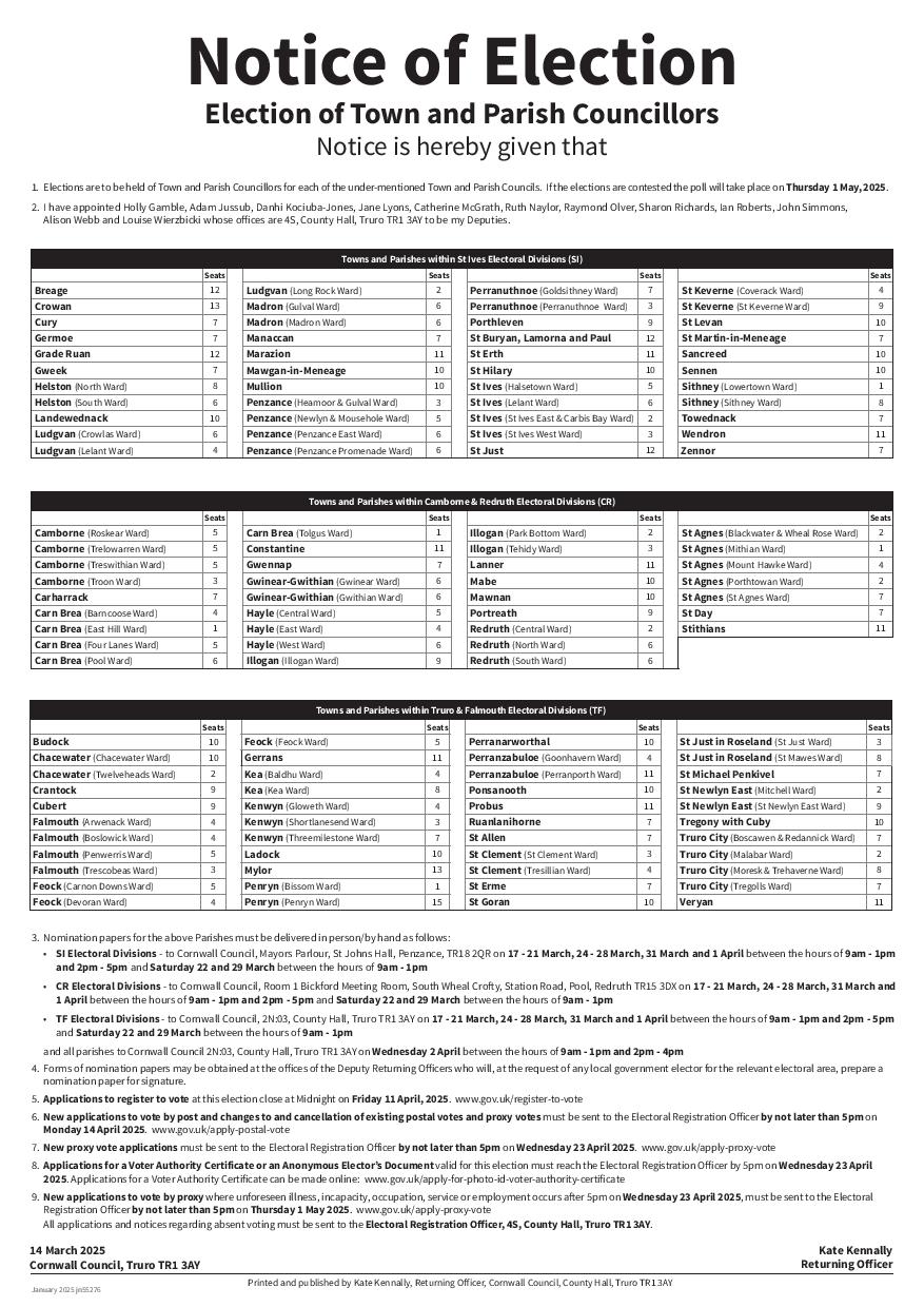 Notice of Election of town and parish councillors 